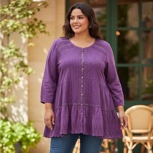 LOGO Lavish by Lori Goldstein Blouse | 3X | Boho Lace Trim Purple Top